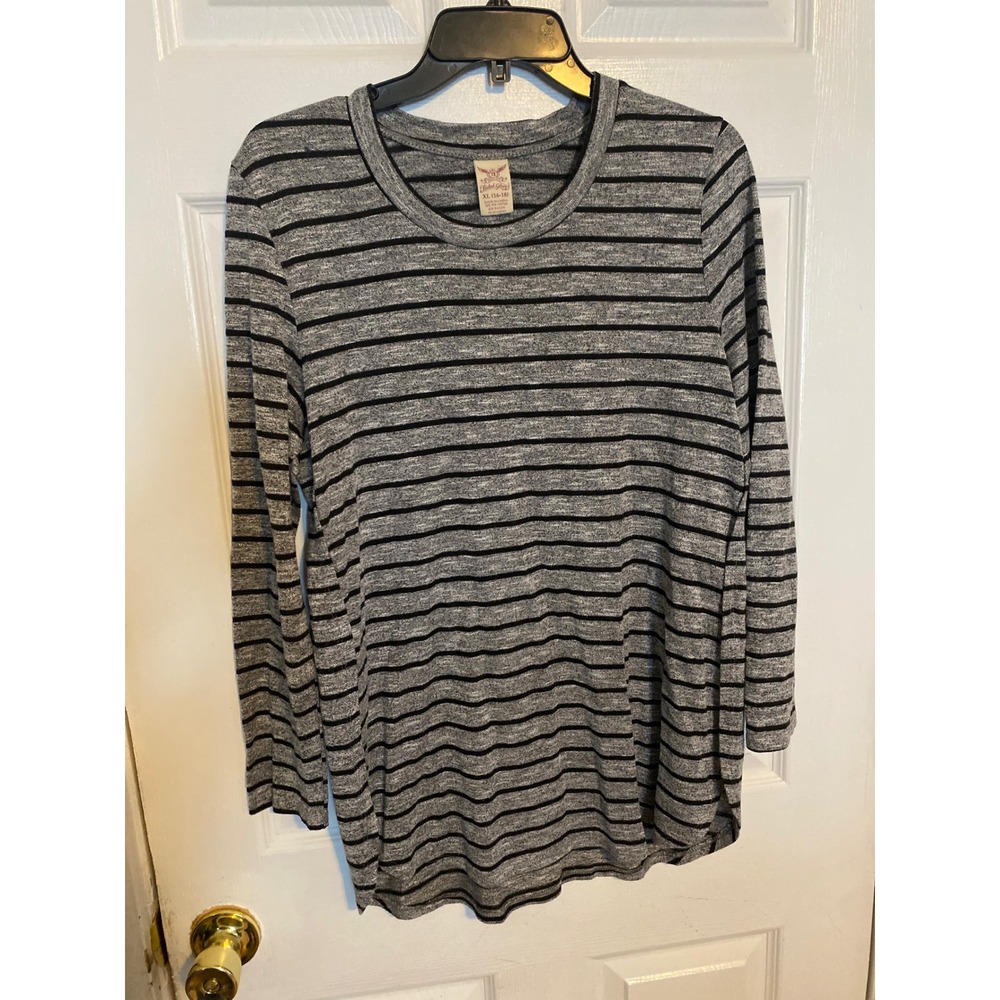 Faded Glory Womens XL 16-18 Grey Black Striped Long Sleeve Tunic Top Crew Neck